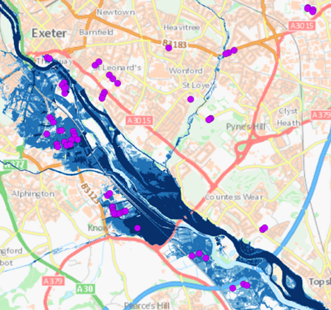 point dataset in Exeter of flood risk to houses over 75 years