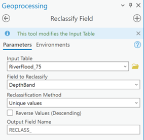 The geoprocesing pane in ArcGIS Pro, with the Reclassify Field tool open