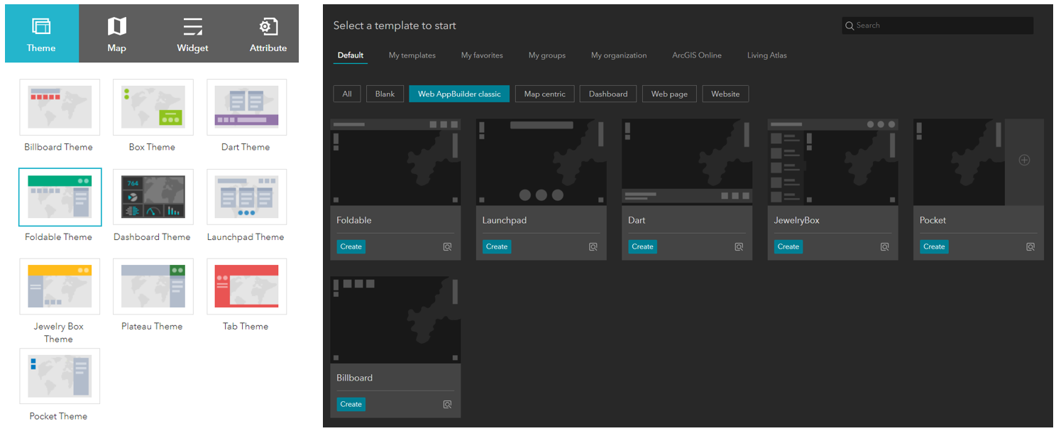 An image comparing the templates available in Web AppBuilder and Experience Builder