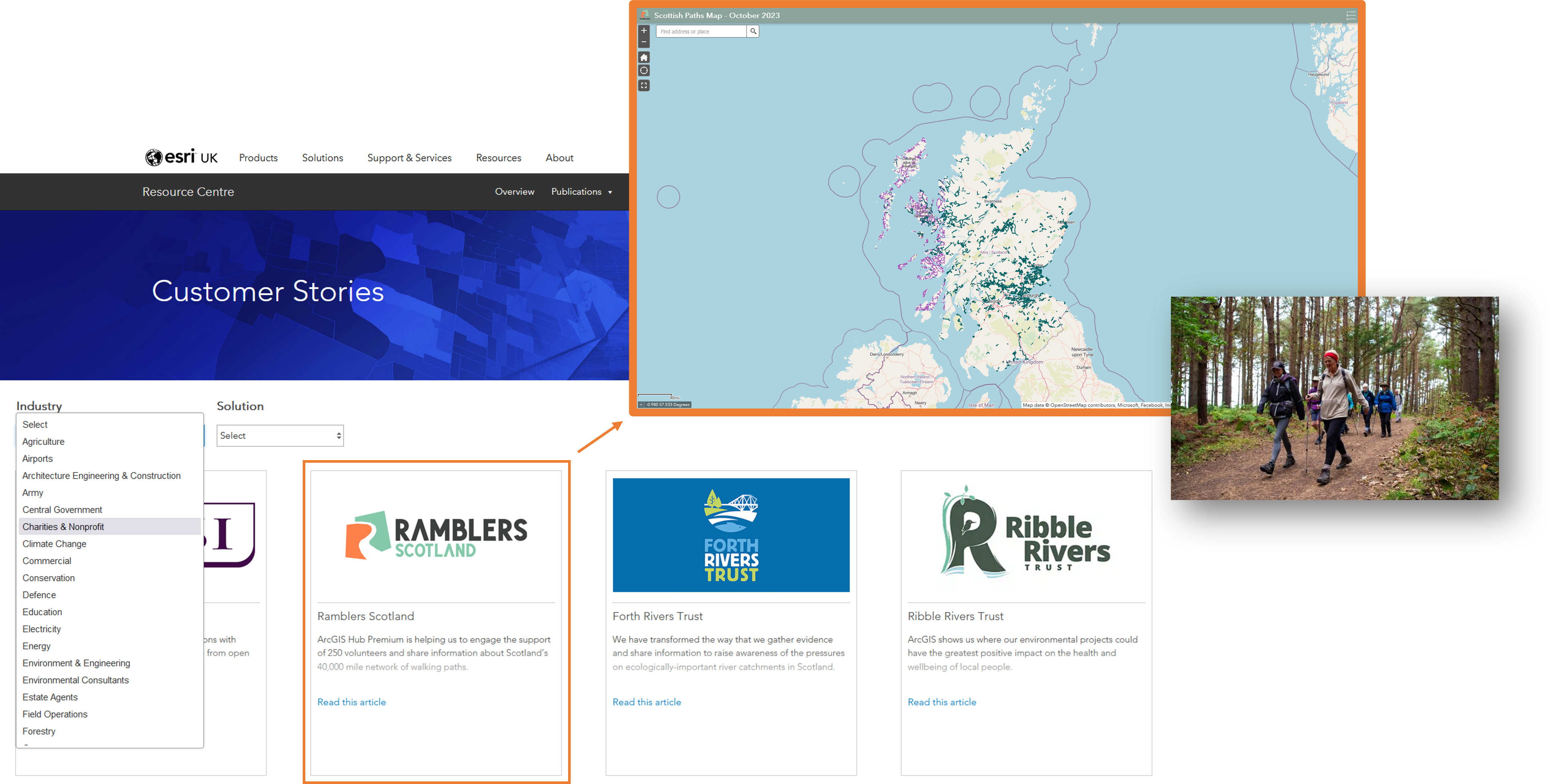 Customers stories page on Esri UK website, with orange border around Rambler's scotland, and a callout connected to their map of walk paths in Scotland. 
