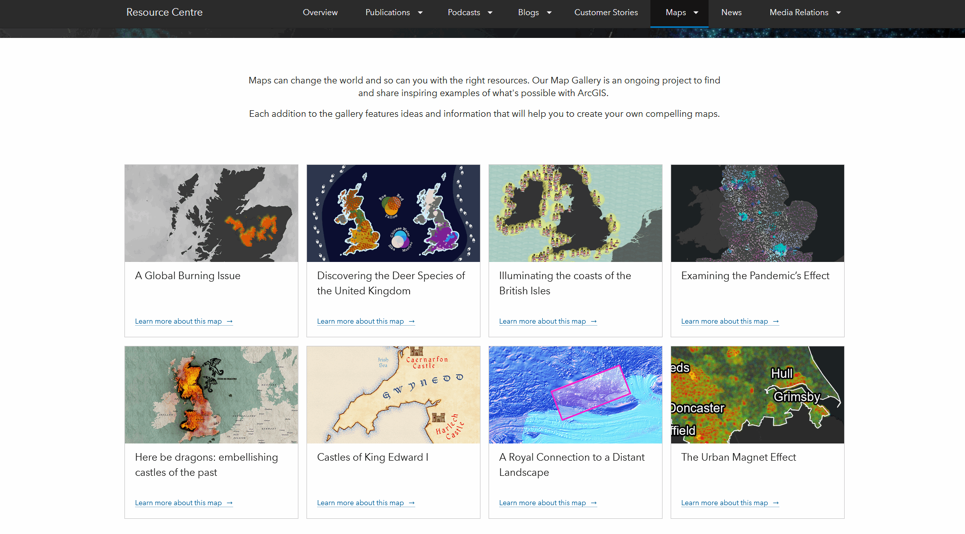 Transition between the Map Gallery home page, a storymap on wildfires, a static map on UK deer populations, and an animation of lighthouses being built across the UK. 