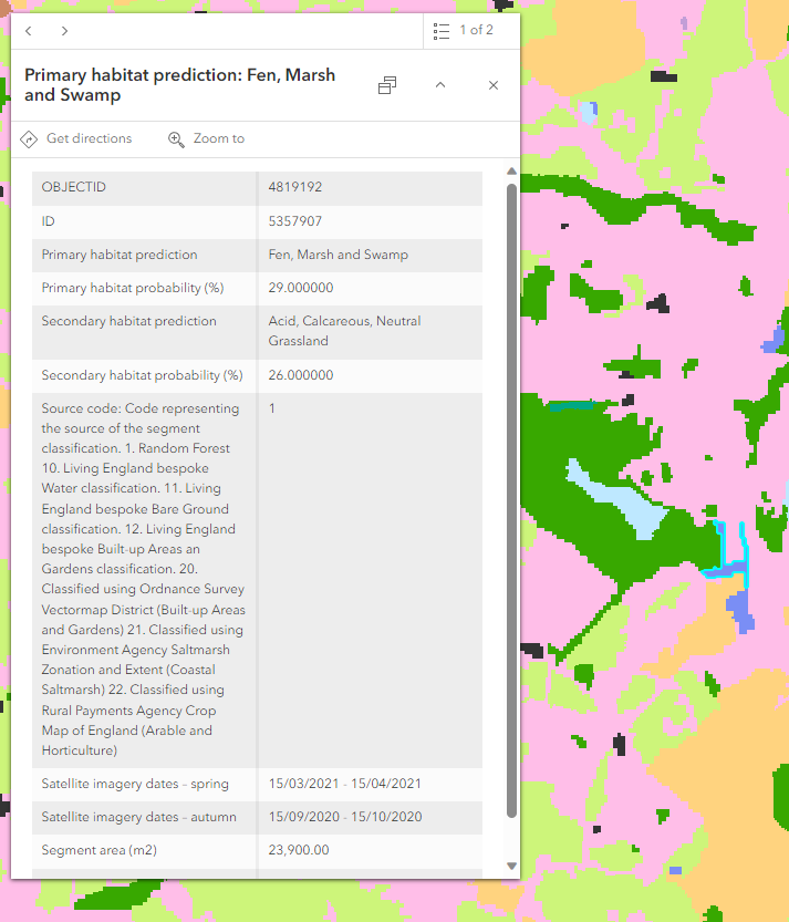 A colorful map with a po-up window overlayed. Conatins a title for the feature (Primary Habitat prediction, Fen marsh and swamp) and related attributes like ID and primary habitat.