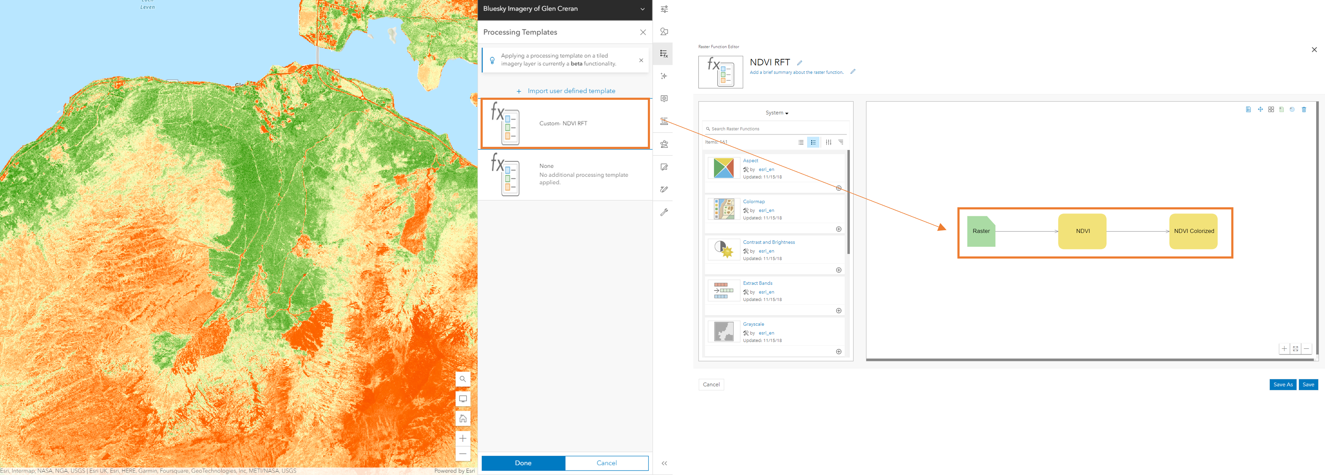 Raster function templates drop down list in Map Viewer. RFT Builder interface off to the right hand side.