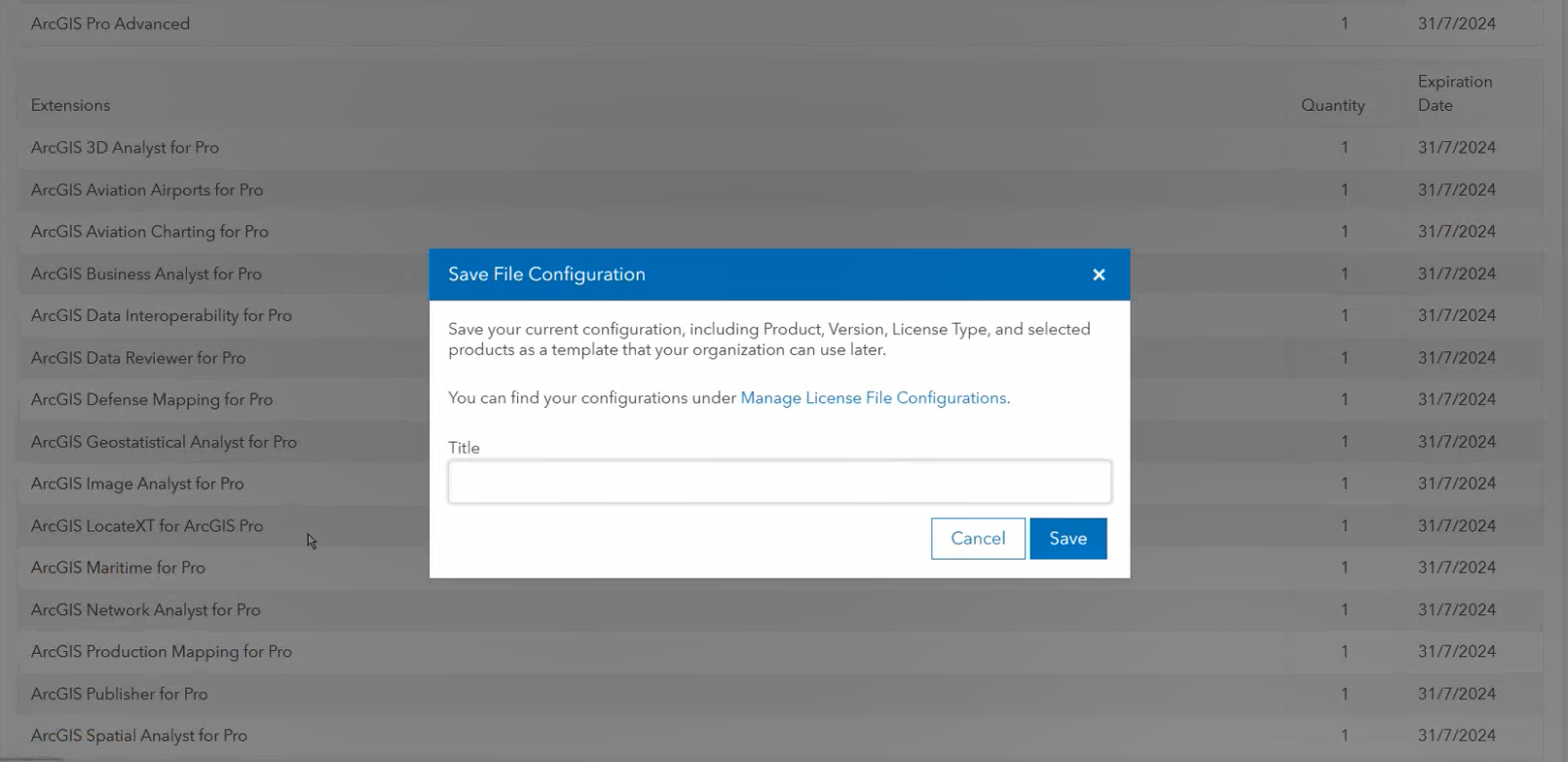 Pop-up for license configurations title page