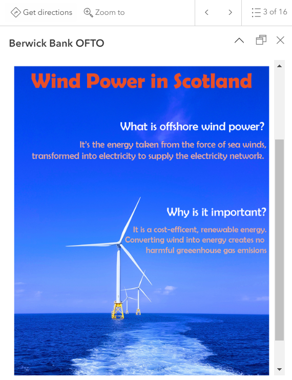 Windpower infographic embedded into a pop-up in ArcGIS Online Map Viewer.