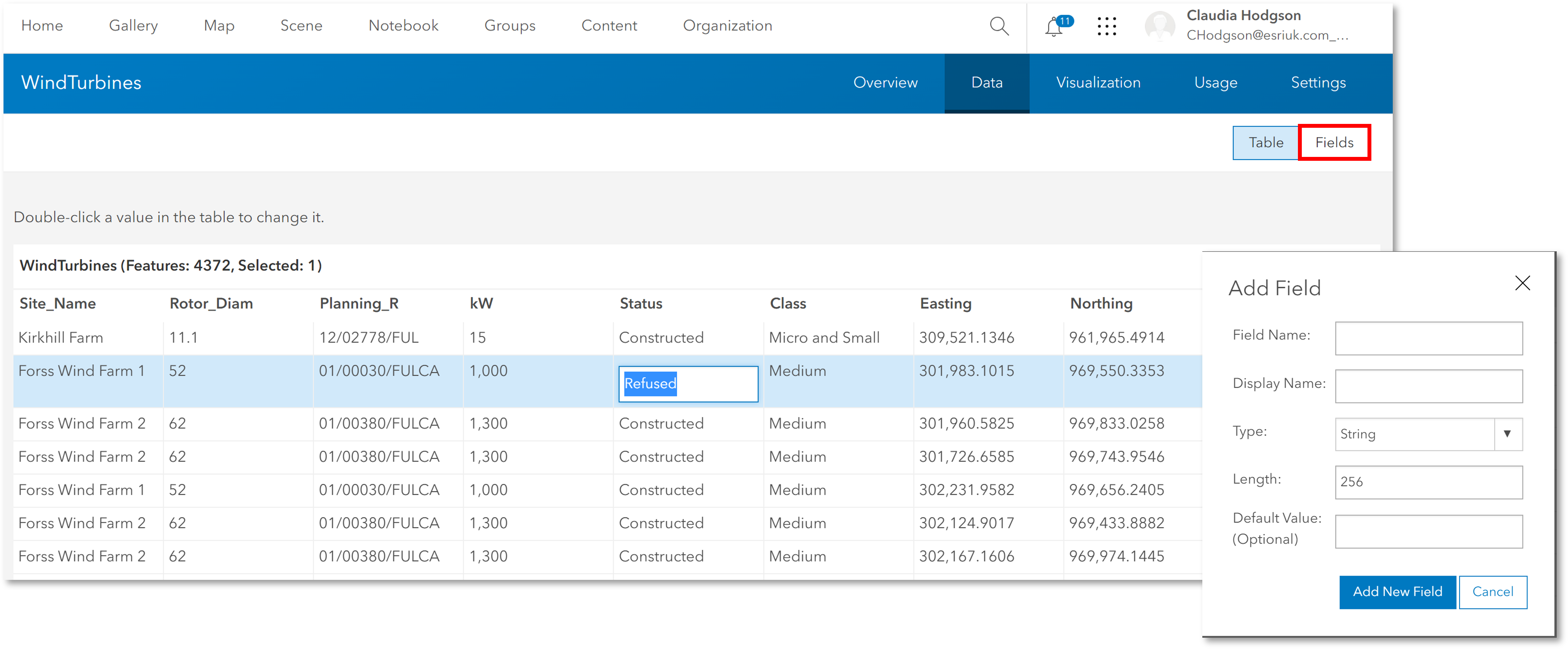 Editing a field directly within an attribute table in ArcGIS.