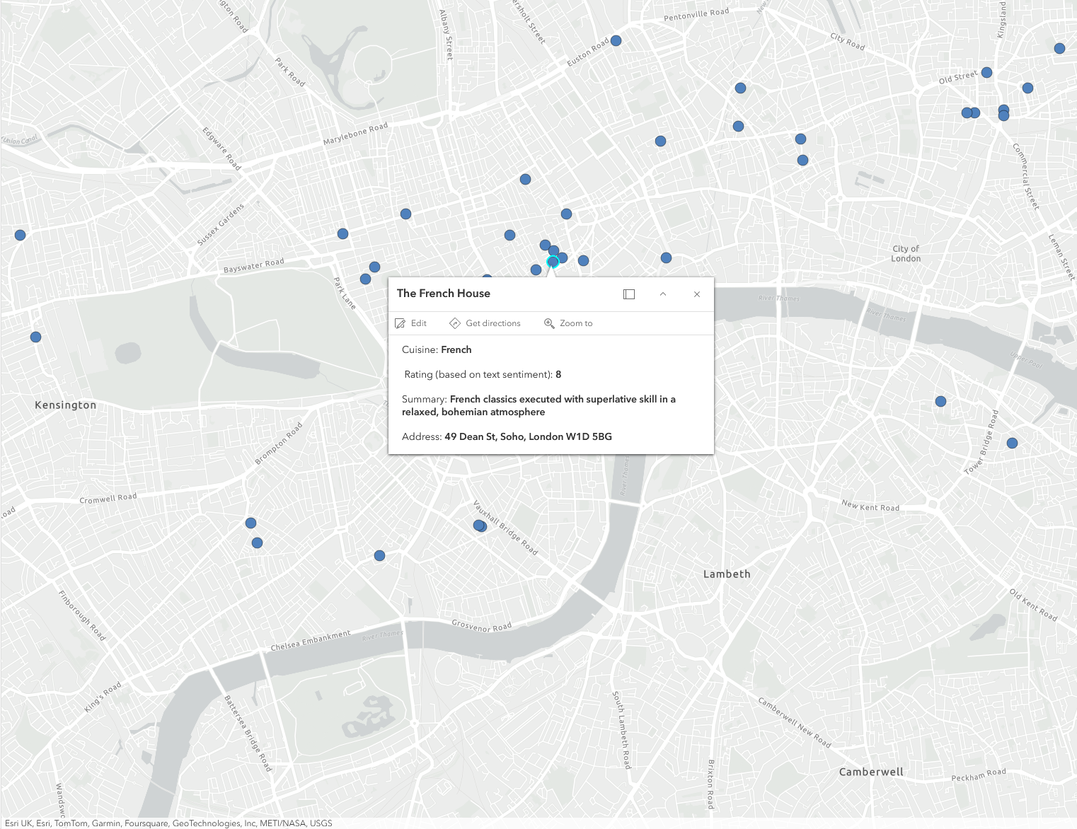 Map of restaurants created by loading the table into ArcGIS Online.
