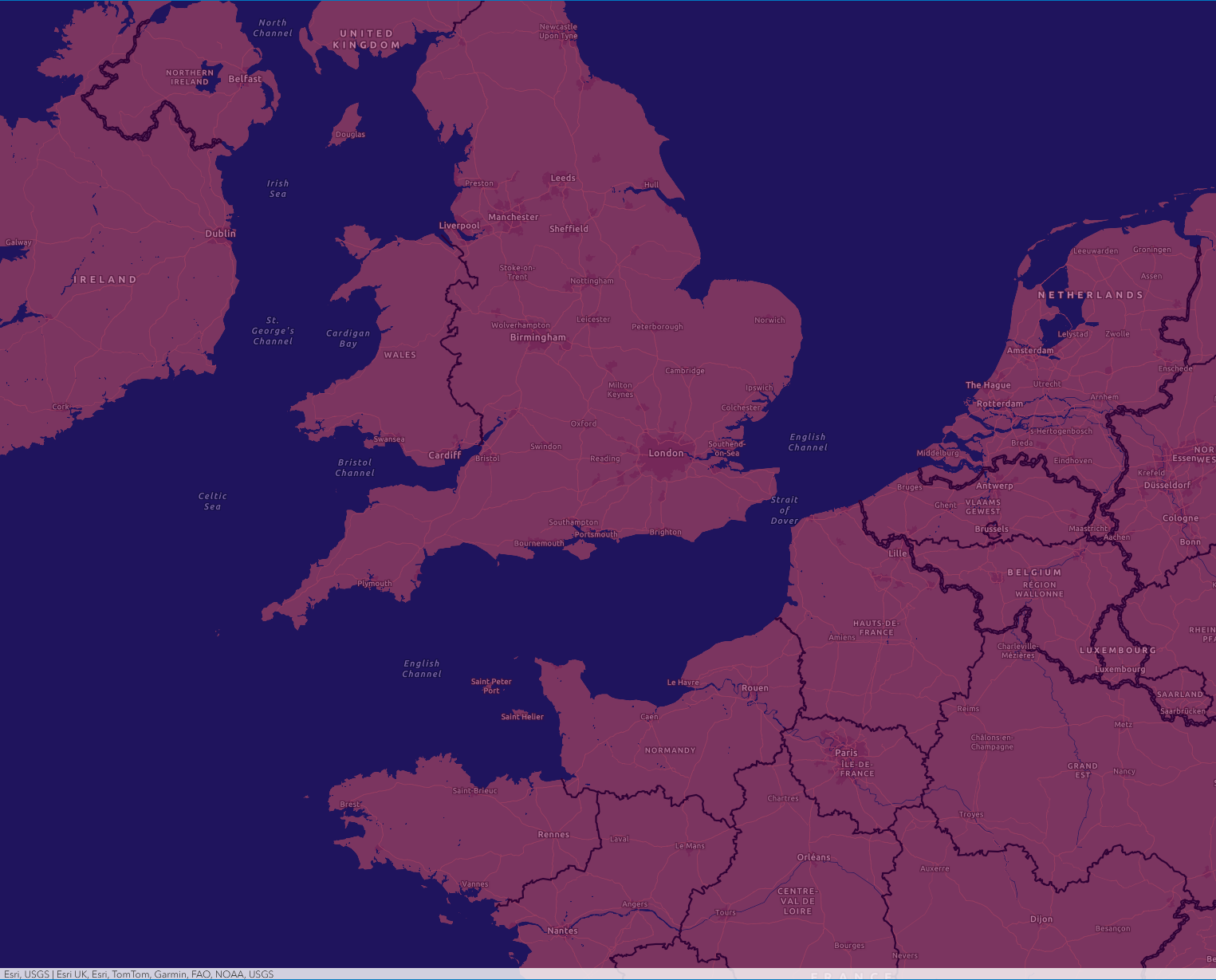 A basemap created in Vector Style Editor using the suggested colour scheme - predominantly soft pink and blue-purple.