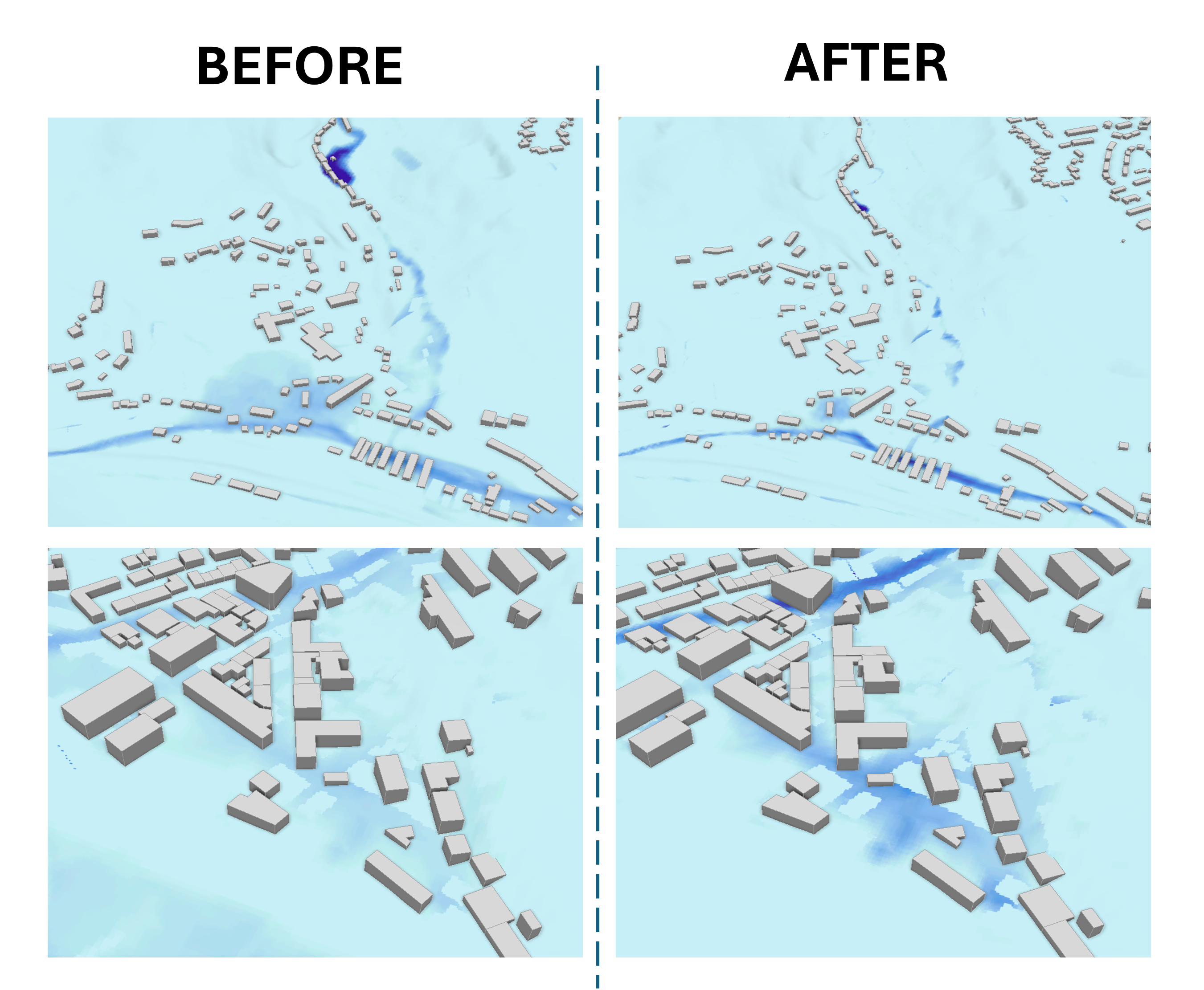 A before and after figure comparing the water depth raster's output form the two flooding scenarios. 