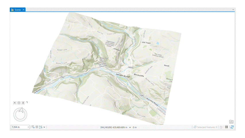 GIF showing construction of a flood simulator scene in ArcGIS Pro.