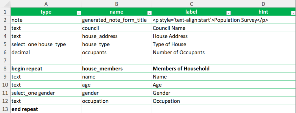 XLS form with a begin and end repeat added