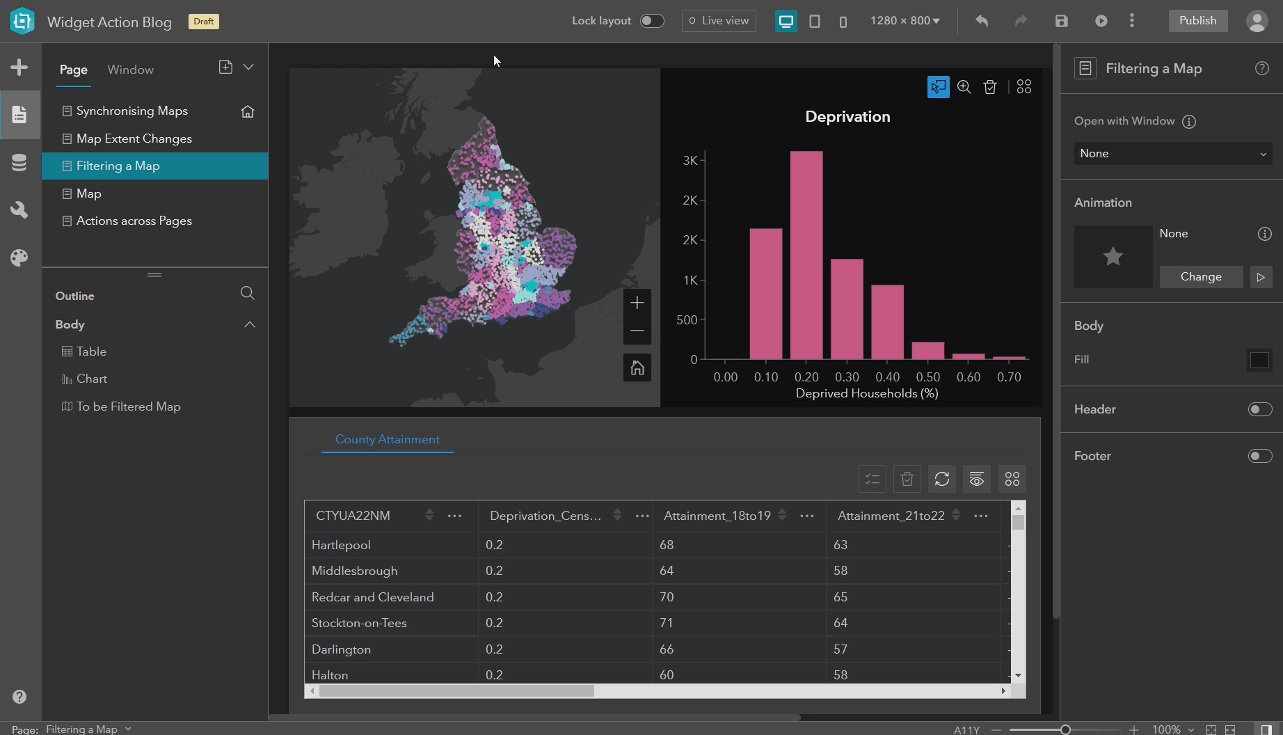 User setting up the trigger so that selecting a feature of the bar chart gets the map to filter to that feature too.