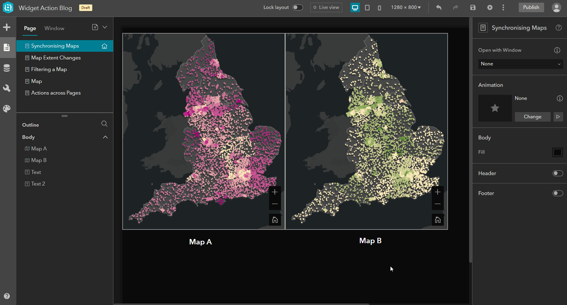 Action Tab in Experience Builder Configuration. User adds extent trigger to see their two maps of England synch.