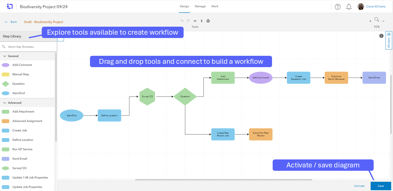 ArcGIS Workflow Manager interface Design view