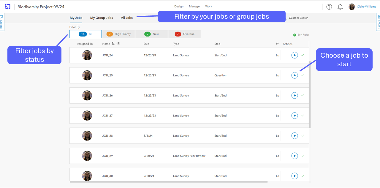 ArcGIS Workflow Manager interface jobs view