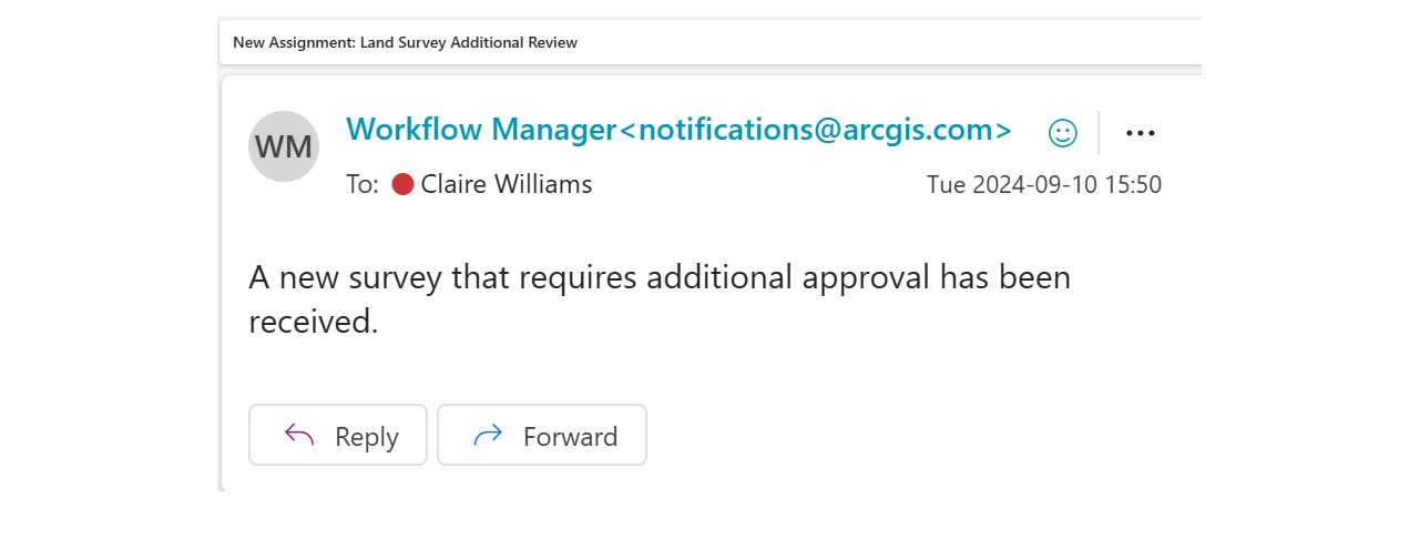 Example email generated by an ArcGIS Workflow Manager workflow