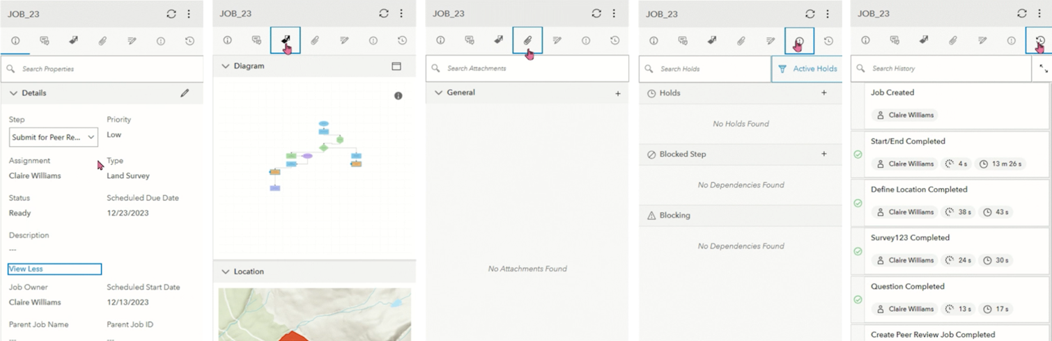 ArcGIS Workflow Manager job details views.