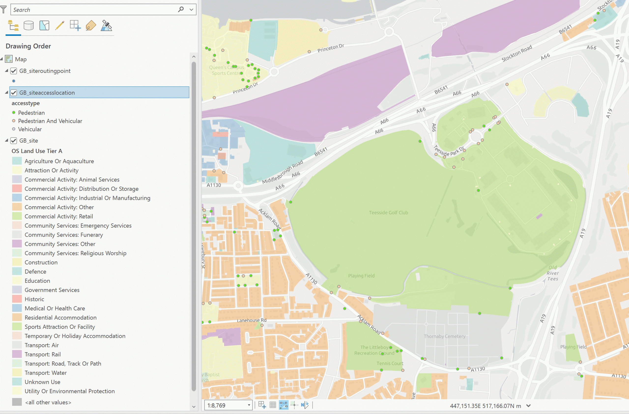 Fig 4: Exploring pedestrian access points using the OS NGD Land Use service on ArcGIS Pro. 