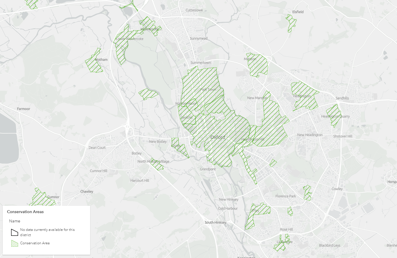 Conservation areas around Oxford made available by Historic England.