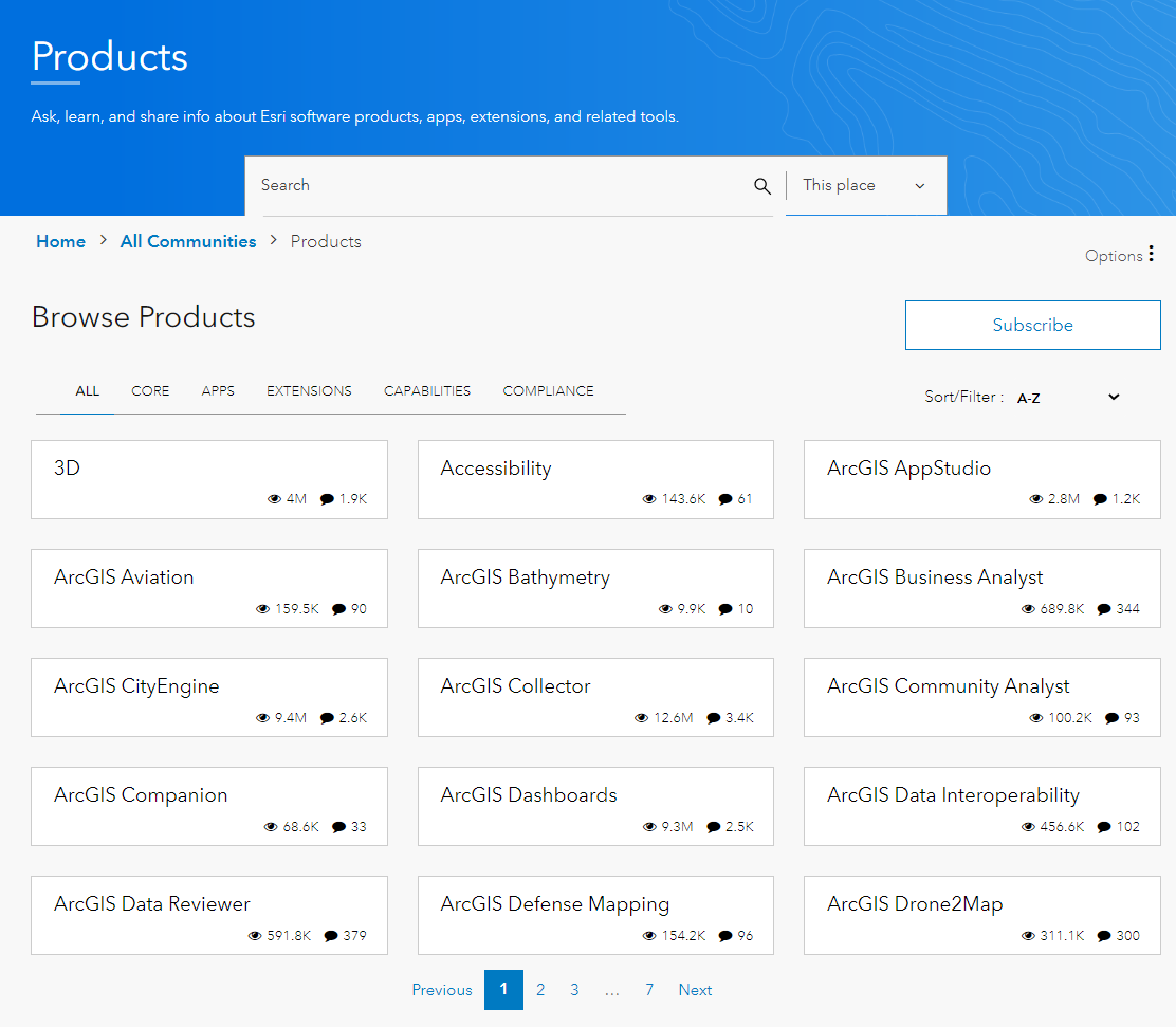 In Esri Community, you can browse the many user forums that are categorised by products or capabilities