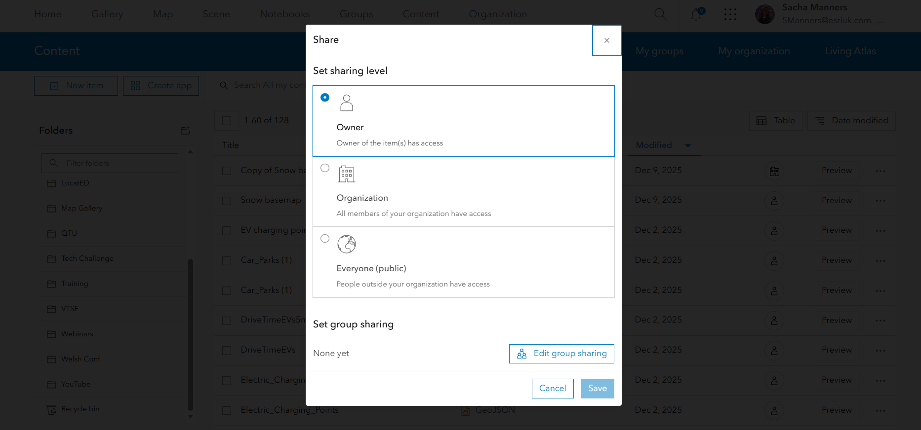 Content sharing options in ArcGIS Online
