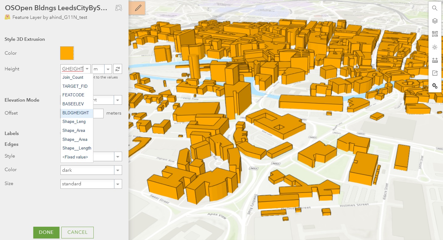  2D polygons extruded by a building height attribute to create a basic 3D urban model.