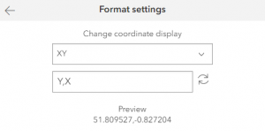 Settings dialogue for changing coordinate display in the ArcGIS Online Map Viewer. 