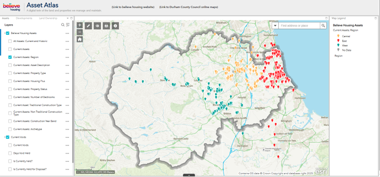Believe housing's Asset Atlas web mapping application - asset, customer and neighbourhood information viewable in one location.