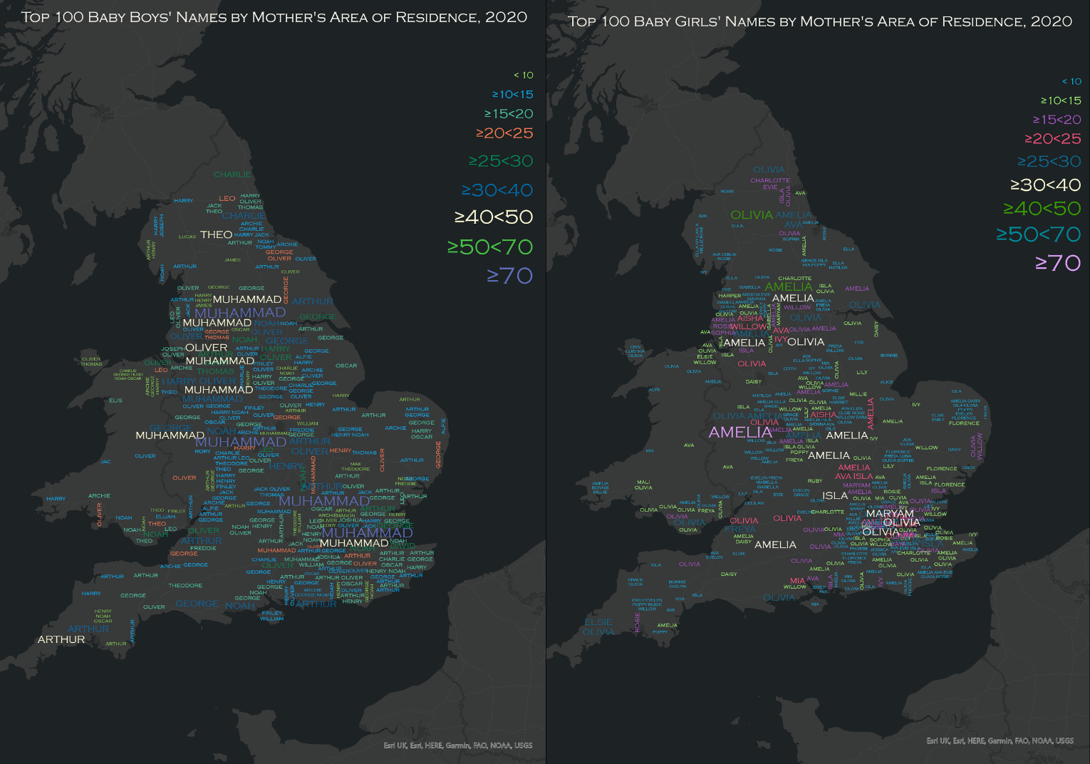 Two maps displaying the top 100 male and female baby names for England and Wales, in 2020
