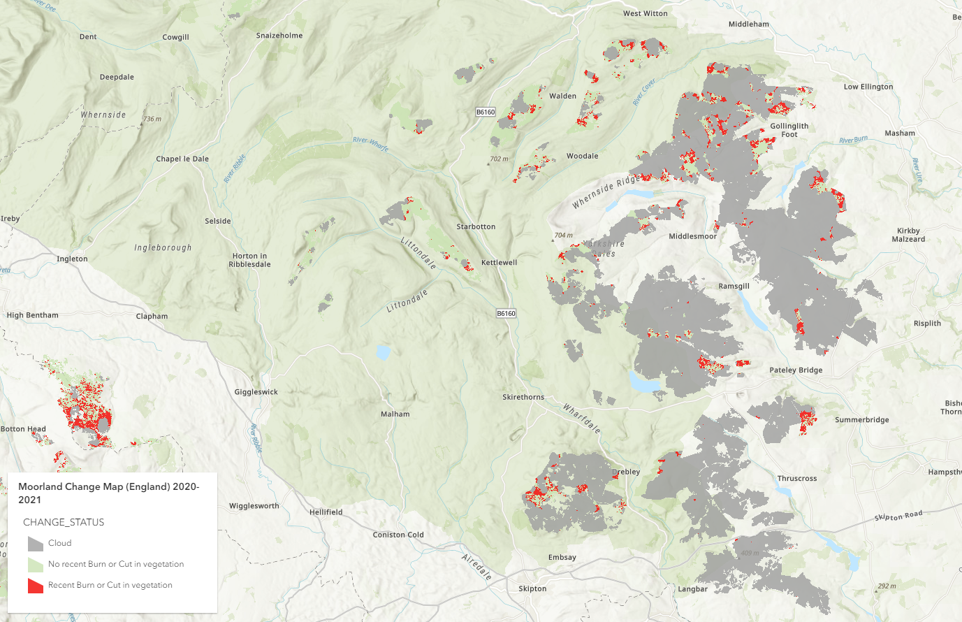 Using Natural England's Moorland Change Map (2020-2021) to look at change in the Yorkshire Dales.