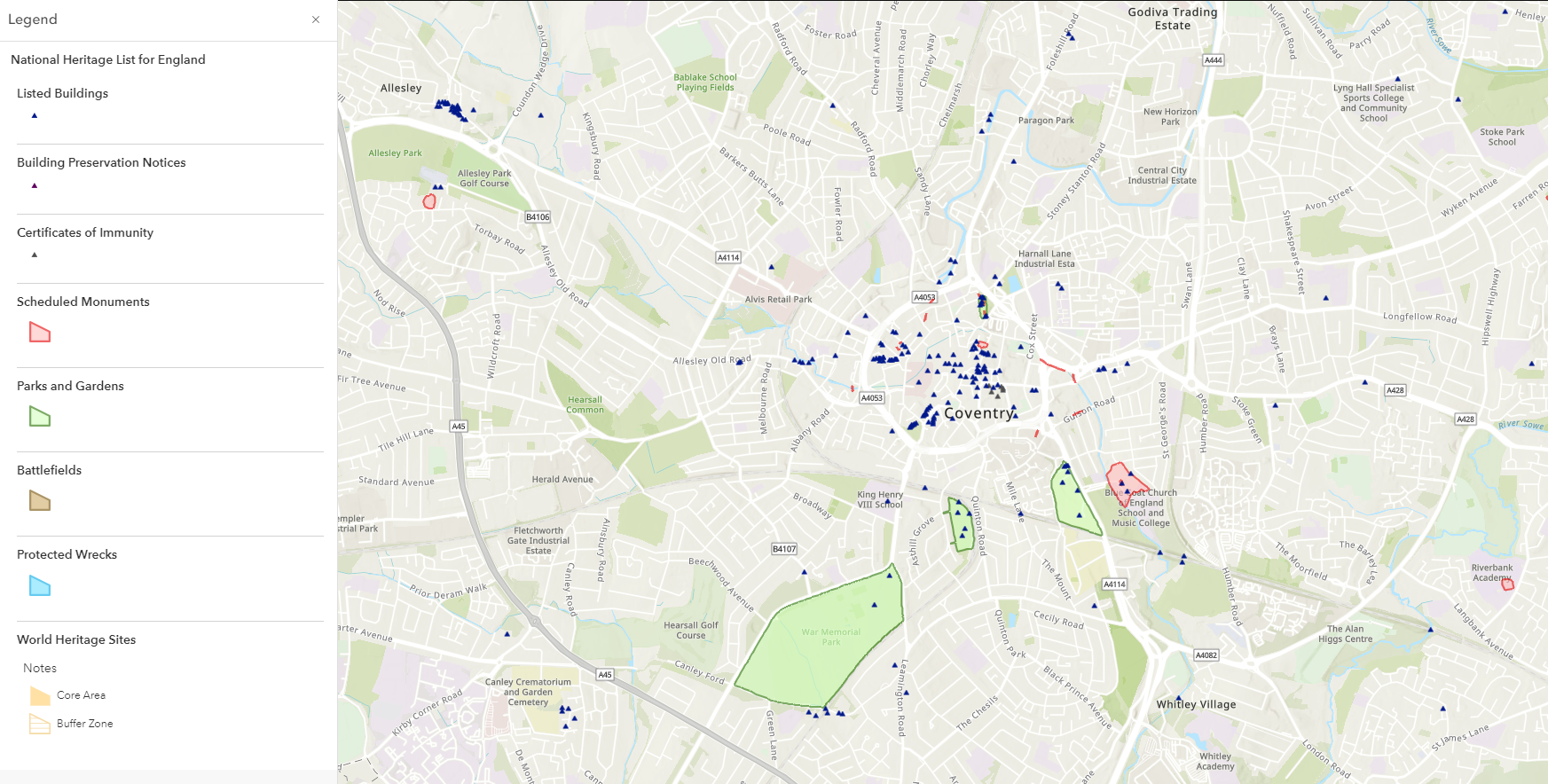 National Heritage List around Coventry from Historic England.