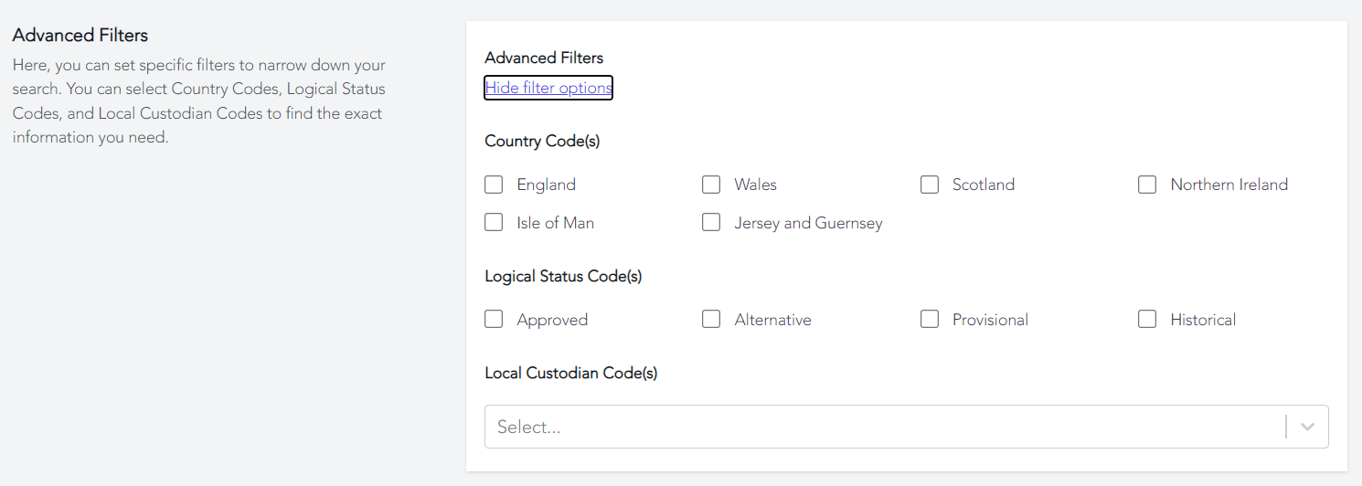 Screenshot showing how to filter addresses by. Can be filtered by country codes, logical status codes or location custodian codes