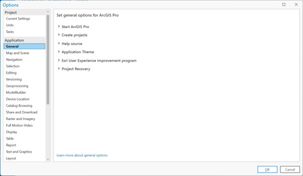 Options dialog in ArcGIS Pro