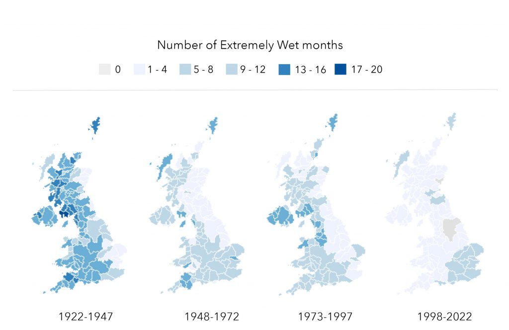 4 maps showing the number of extrememly wet months across each 25 year time period