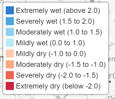 The different precipitation categories used by the CEH to classify the precipitation index (e.g. Extremely Dry, Severely Dry)