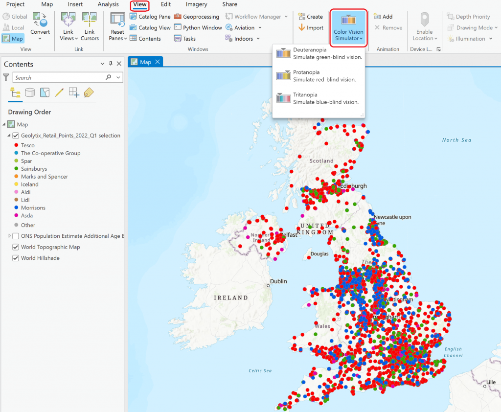 How to find the colour vision deficiency simulator tool in ArcGIS Pro