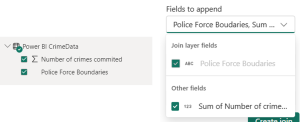 Within the data pane on the right-hand side, both fields needs to be ticked on here to appear in the Fields to append drop-down. The Fields to append drop-down, where both datasets are visible and ticked on.