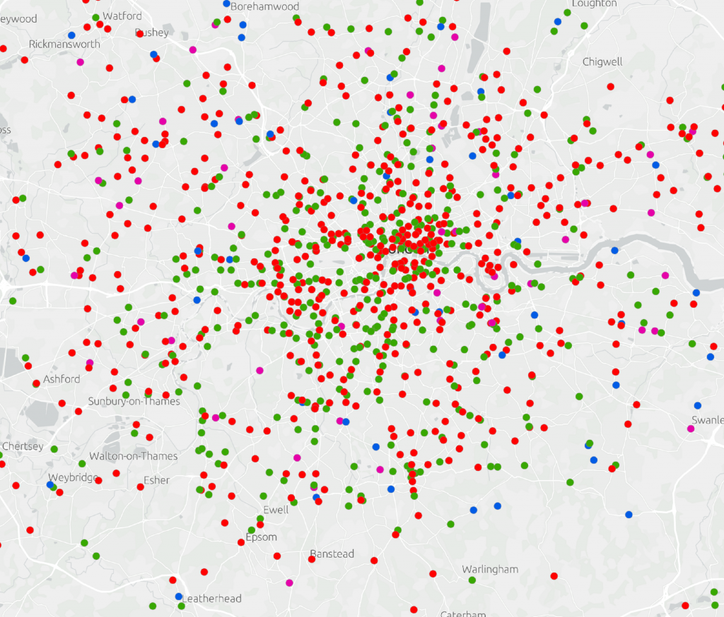 A map showing the locations of 4 supermarket chains across London