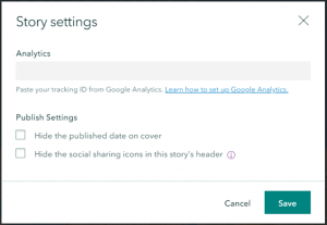 Dialog window for adding Google Analytics tracking ID into your StoryMap.