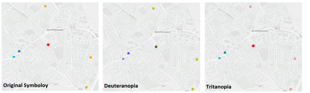 A zoomed in map of Borehamwood to show the colour vision deficiency tool in more detail