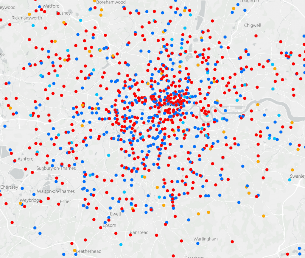 A map showing the locations of 4 supermarket chains across London but using a colour vision deficiency friendly colour scheme