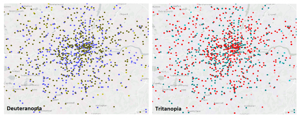 The supermarket locations map with new symbology, viewed as Deuteranopia and Tritanopia