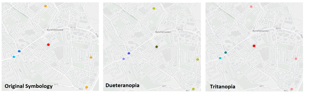 The area of Borehamwood viewed with the new symbology and viewed as Deuteranopia and Tritanopia