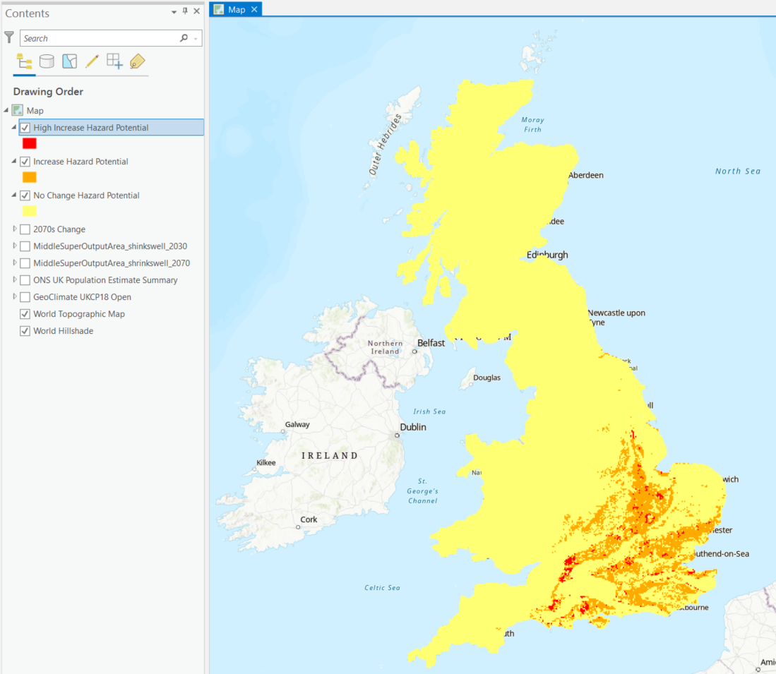 A map showing the change in subsidence risk between the 2030s and 2070s