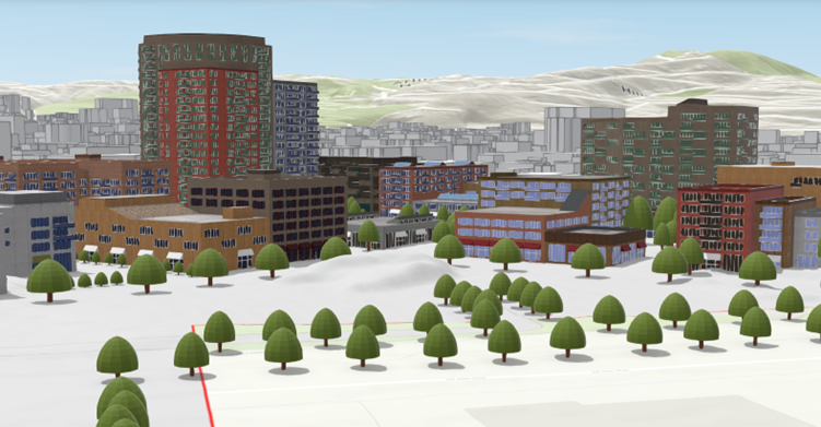 An example map with 3D trees and buildings