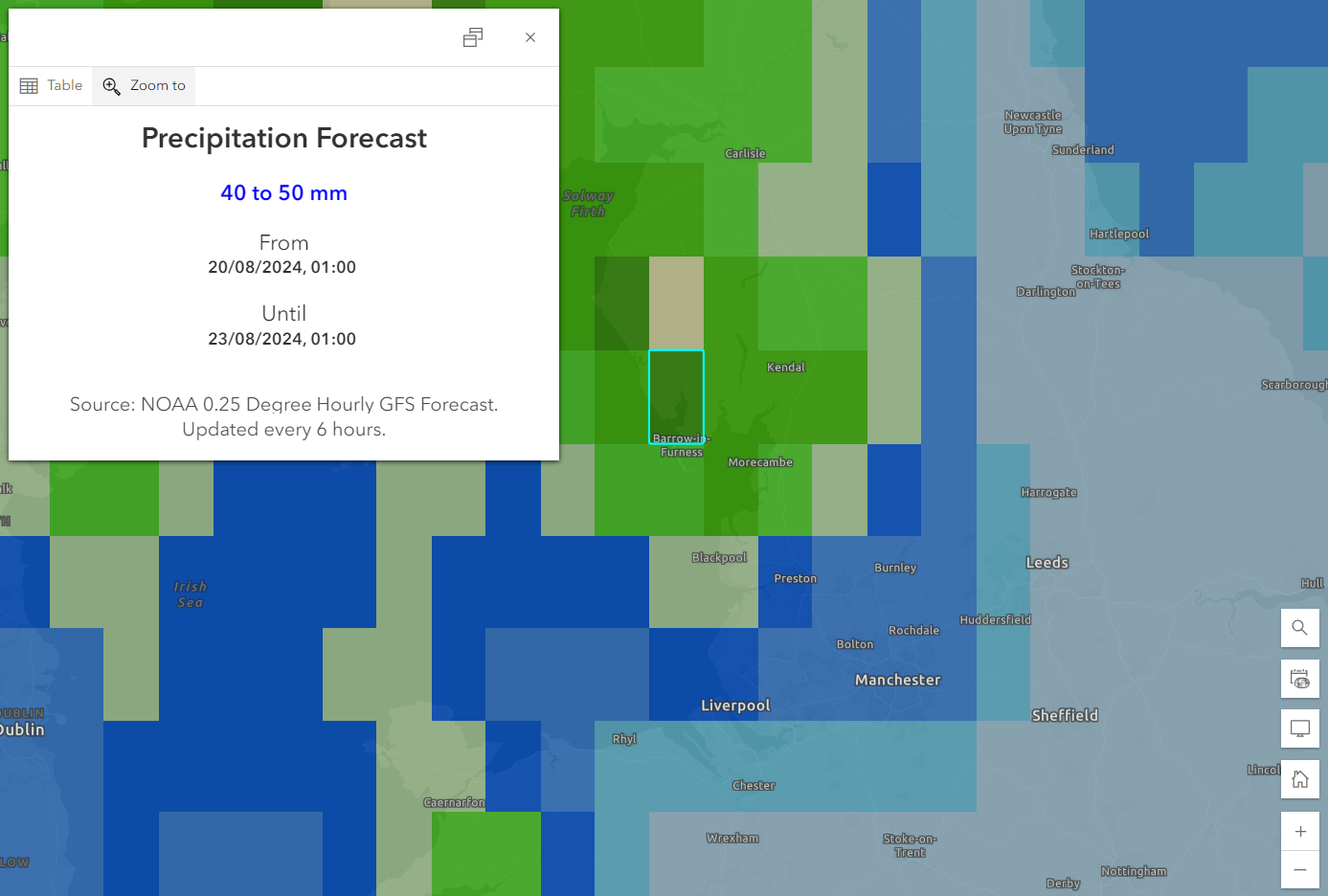 Easily visualise the rain forecast against important locations. 