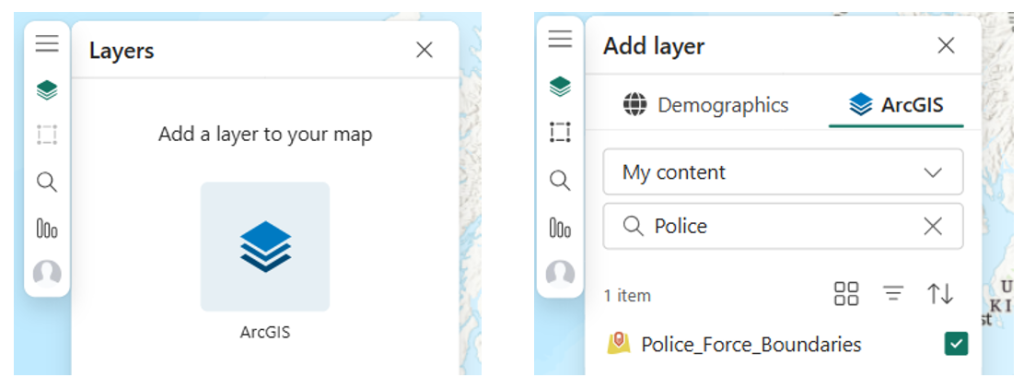 Adding a location dataset into your map, using the Layers tab on the left-hand side. Adding an existing location dataset from My Content within my ArcGIS Online Account.