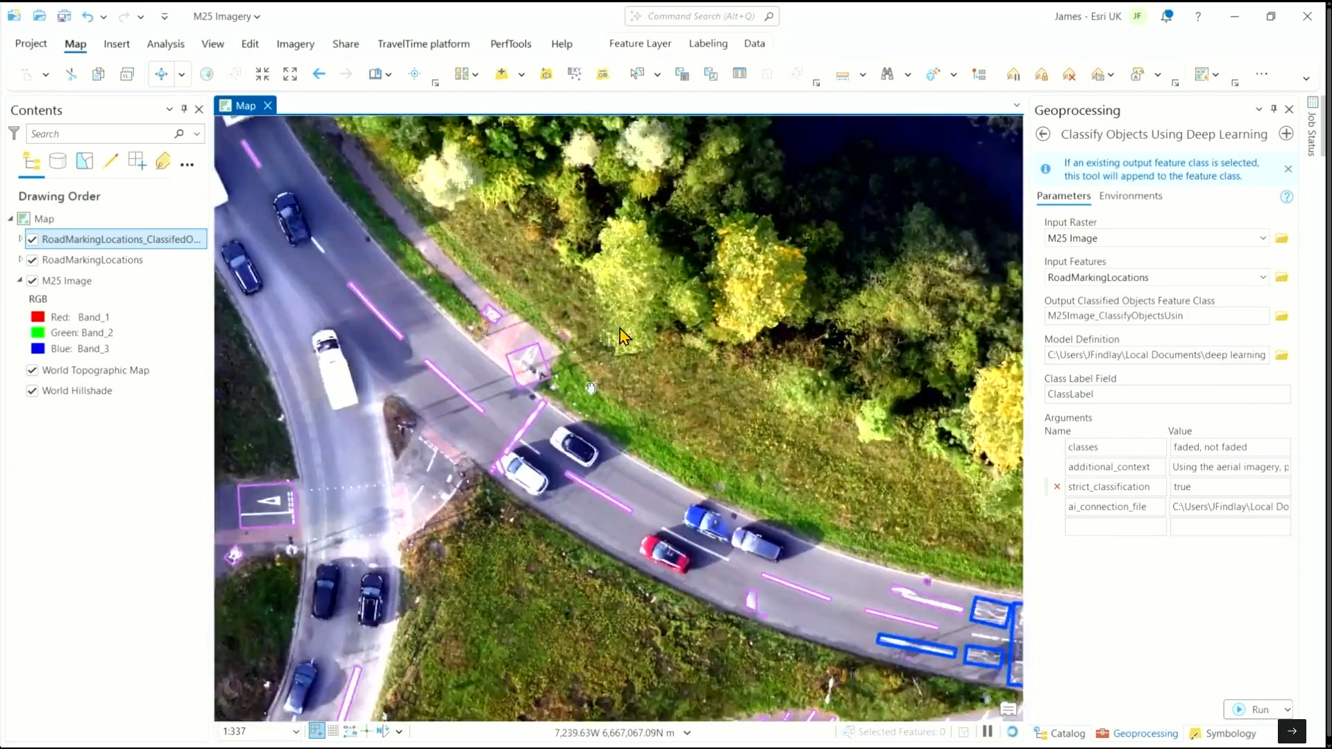 Screenshot of ArcGIS Pro being used to identify and classify faded road markings using the Classify Objects Using Deep Learning geoprocessing tool.