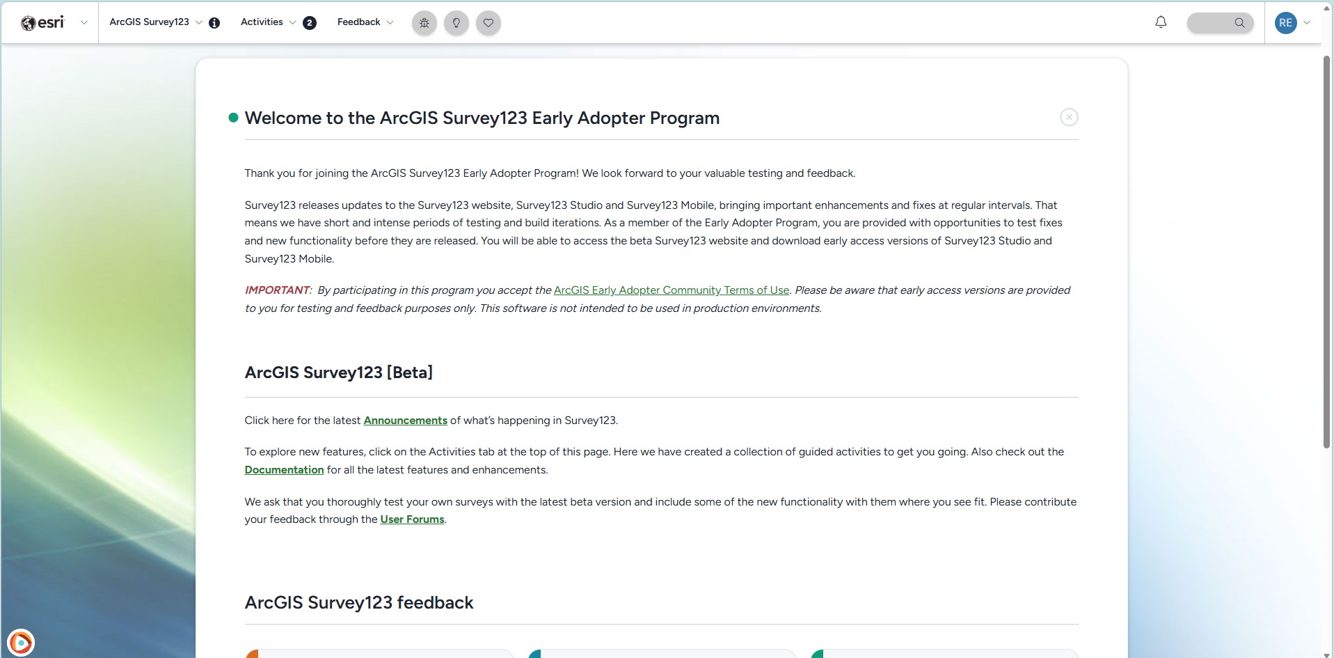 Screenshot of the Early Adopter Program welcom page.