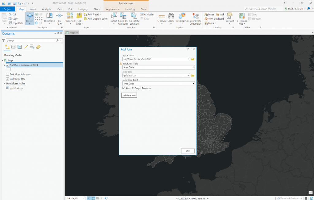 ArcGIS Pro pop up showing the process of adding a join